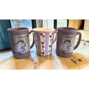 Disney Eeyore 3D Purple Mug Pair Plus Lavender Rose Stripe Mug Lot of 3